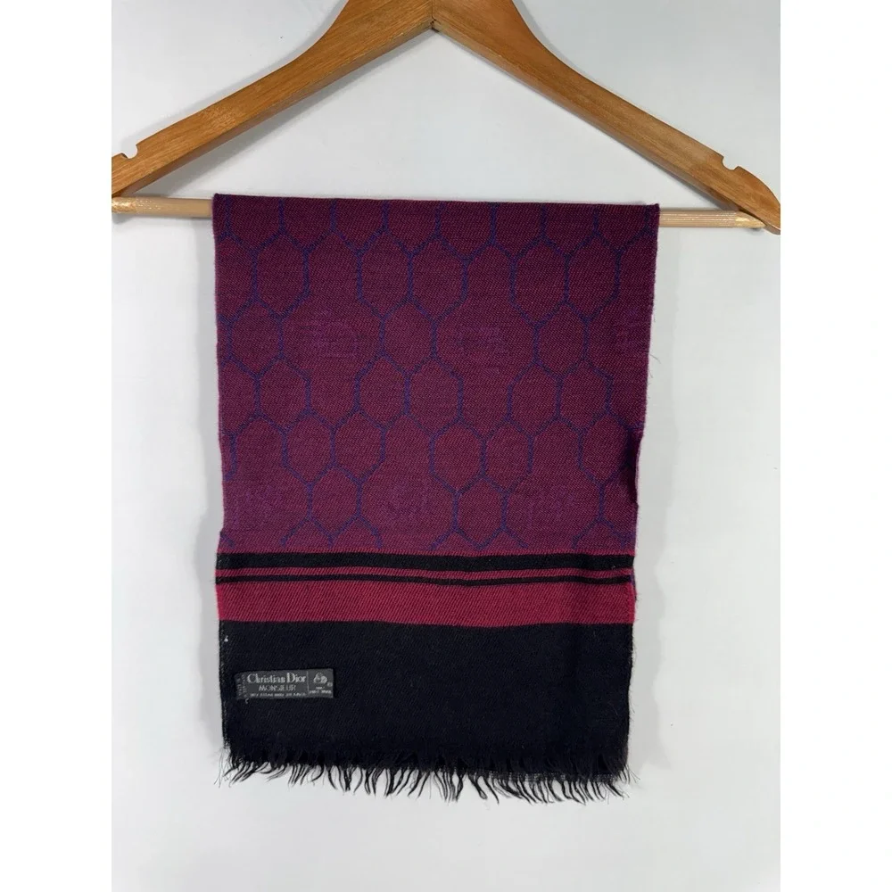 Christian Dior Monsieur Men's One Size Black Burgundy 100% Wool Vintage Scarf